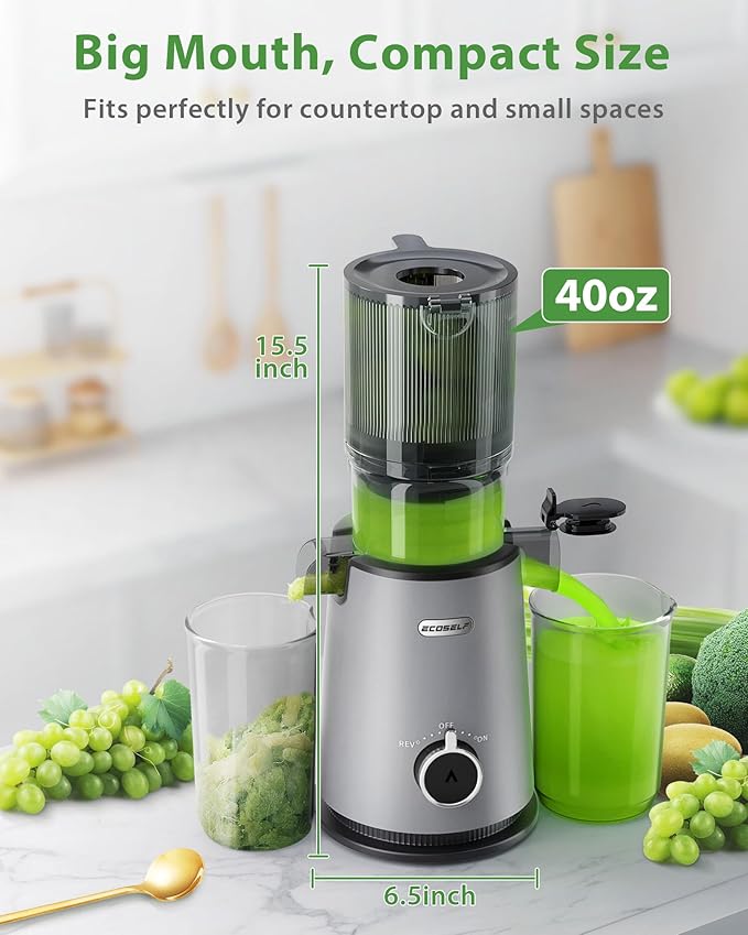 Cold Press Juicer - Wide Mouth Feed Chute with Self Feeding Design - Slow Masticating Juicer for Vegetables and Fruits - Juice Extractor Machine High Juice Yield - Easy to Clean & Assemble