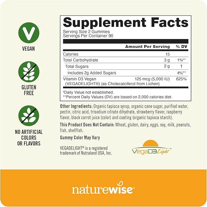 NatureWise Vitamin D3 5000 IU Gummies - Mixed Berry Flavor - Vegan D from Lichen, Pectin Based, Immune Support for Adults, Muscle & Bone Strength - Gluten Free, Non-GMO - 180 Count[3-Month Supply]