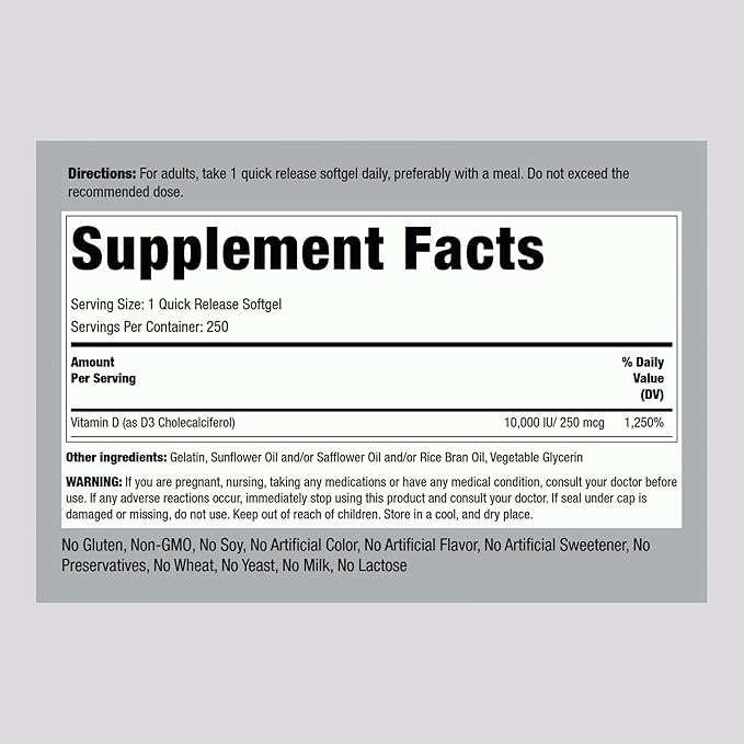 Piping Rock Vitamin D3 10000 IU | 250 Softgels | High Potency | Non-GMO, Gluten Free Supplement
