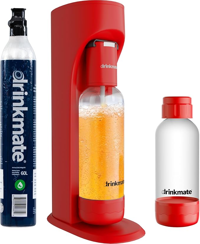DrinkMate Sparkling Water and Soda Maker, Carbonates ANY Drink, Includes One 1L and One 0.5L Re-usable BPA-free Carbonating Bottles, 60L CO2 Cylinder and Patented Fizz Infuser, Royal Red