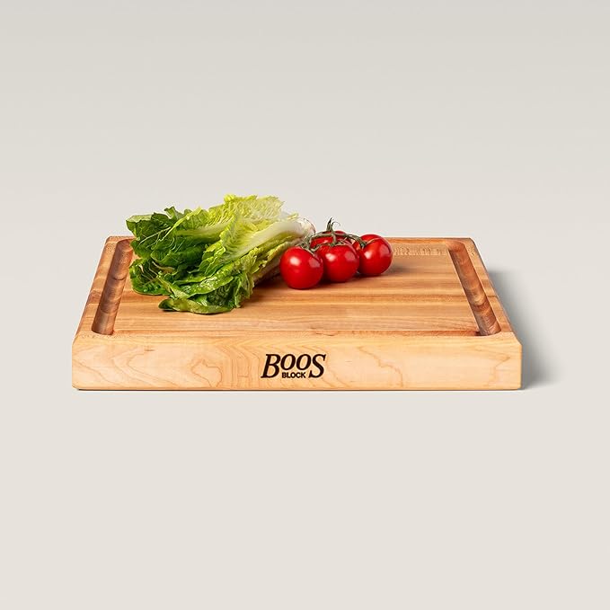 John Boos CB Series Square Wooden Maple Cutting Board 15”x15” – 1.75” Thick, 12-lb Reversible Butcher Block with Juice Groove, Edge-Grain & Finger Grips – Made in the USA