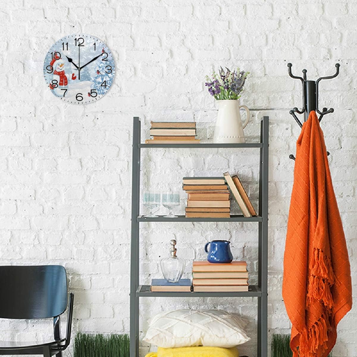 Christmas Snowman in Santa Cap with Letter Wall Clock Battery Operated Non Ticking Silent Quartz Analog Rustic Farmhouse Christmas Round Clock Retro Decor for Home Kitchen Living Ro