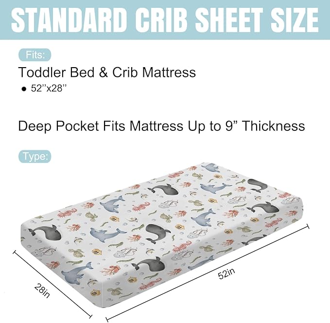 Boho Sea Animals Baby Crib Fitted Sheet 52''x28'' Whale Dolphin Jellyfish Sea Horse Turtle Fish Coral Snug Fitted Crib Mattress Cover for Boy Girl Soft Bed Sheets for Standard Crib Toddler Mattress