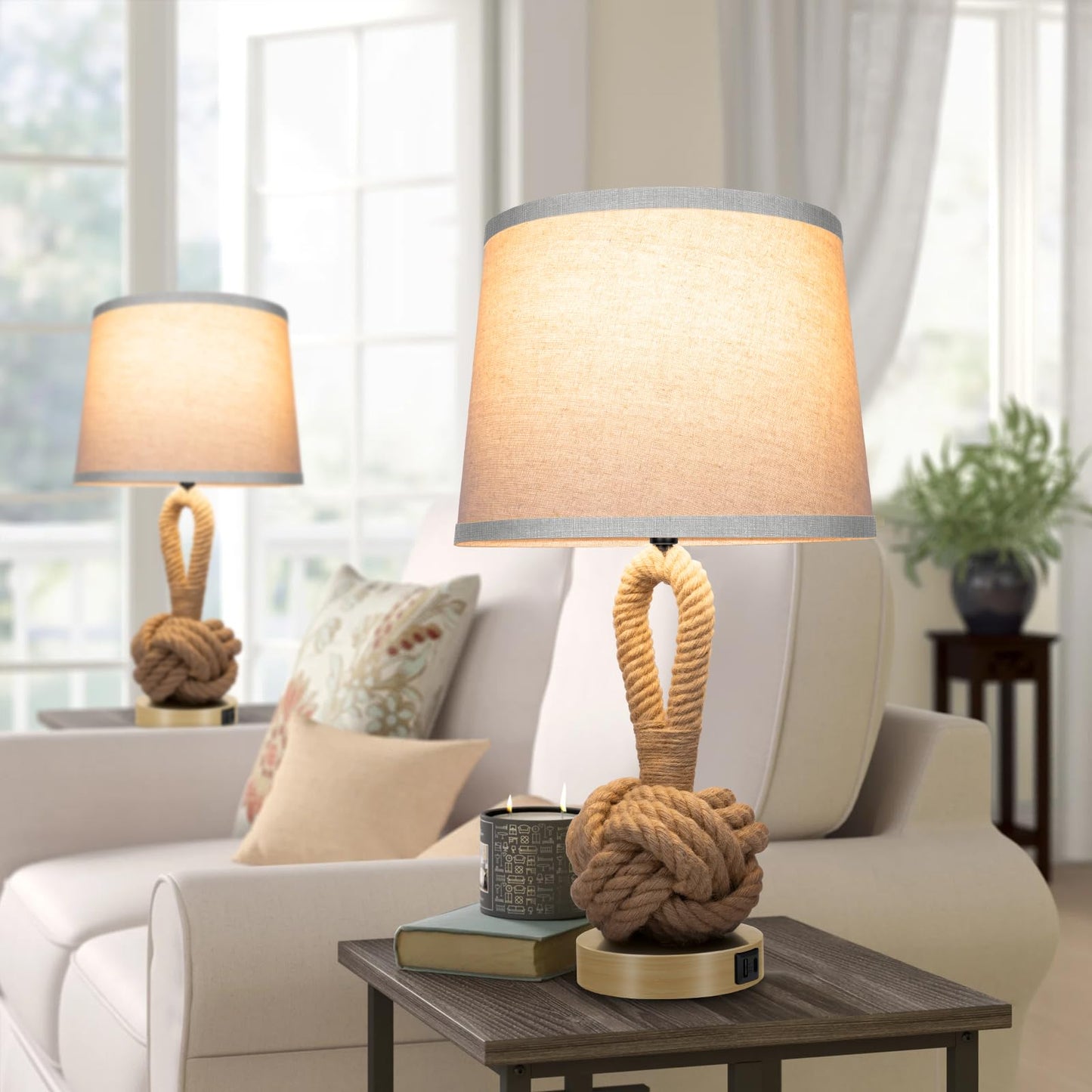 Vallerico 22in Rope Table Lamps Set of 2, Boho Design, USB Ports, Hemp Rope Rattan, Brown, Model VR-RTB-W2