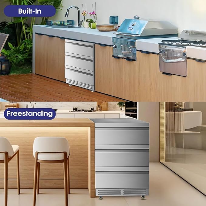 Outdoor 3 Drawers Beverage Refrigerator, 190 Cans 24'' Beverage Fridge with Wheels, Waterproof, All Stainless Steel, Undercounter or Freestanding, 37-64°f, Drink Fridge for Home, Patio & Commercial