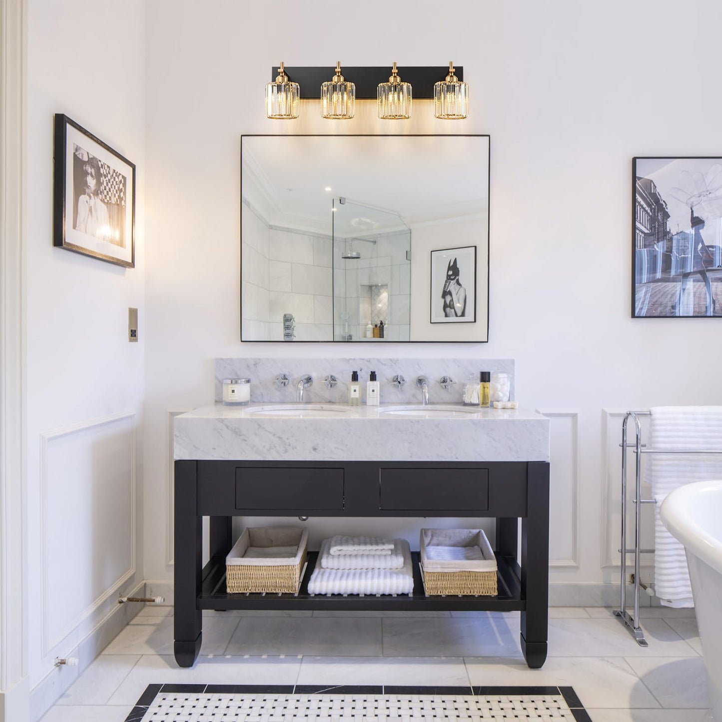 Huoku 4-Light Bathroom Vanity Light, Black Gold Crystal Wall Fixture, Modern Design, Polished Gold Finish