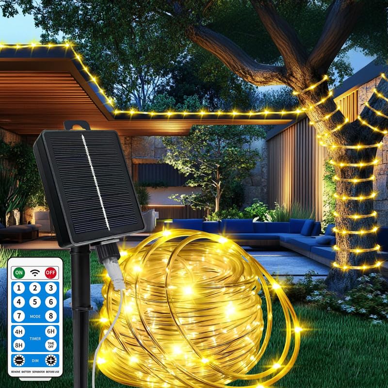 LairtPOW Solar Rope Lights, 200 LEDs, Waterproof, Warm White, 65FT, Rechargeable Battery, Remote Control, Model SRL-66FT-20M-HW