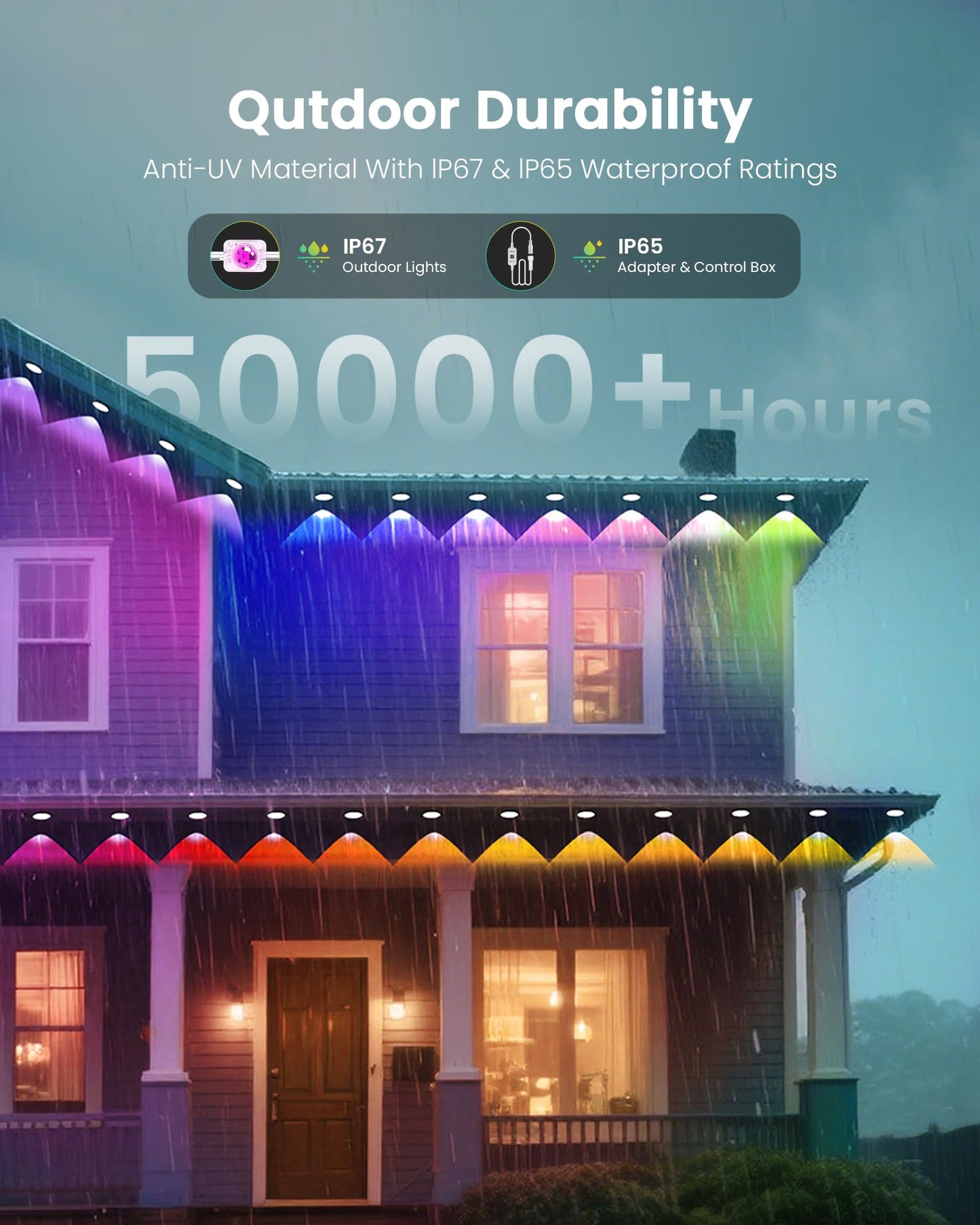 KISUFU 50FT RGB Outdoor Lights, IP68 Waterproof, 221 Modes, App & Remote Control, ABS Material, Model LED725-US, White