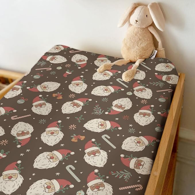 Retro Christmas Santa Claus Baby Changing Pad Covers for Boy Girl Cute Santa Candy Stockings Fir Fitted Changing Table Cover Mats Winter Holiday Festive Soft Diaper Change Table Cover Sheets 32''×16''
