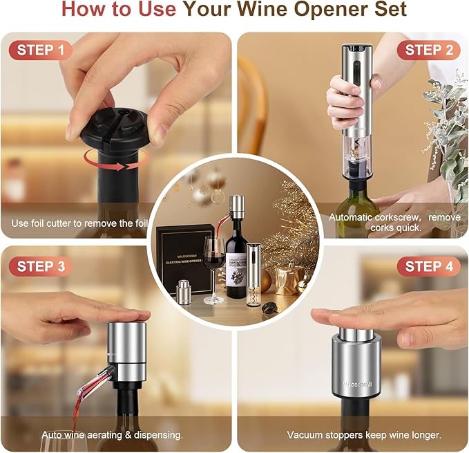 Electric Wine Opener & Automatic Wine Bottle Opener Rechargeable - 4-in-1 with Electric Wine Aerator & Dispenser, Foil Cutter and Vacuum Stopper, Wine Gift Set for Women, Men