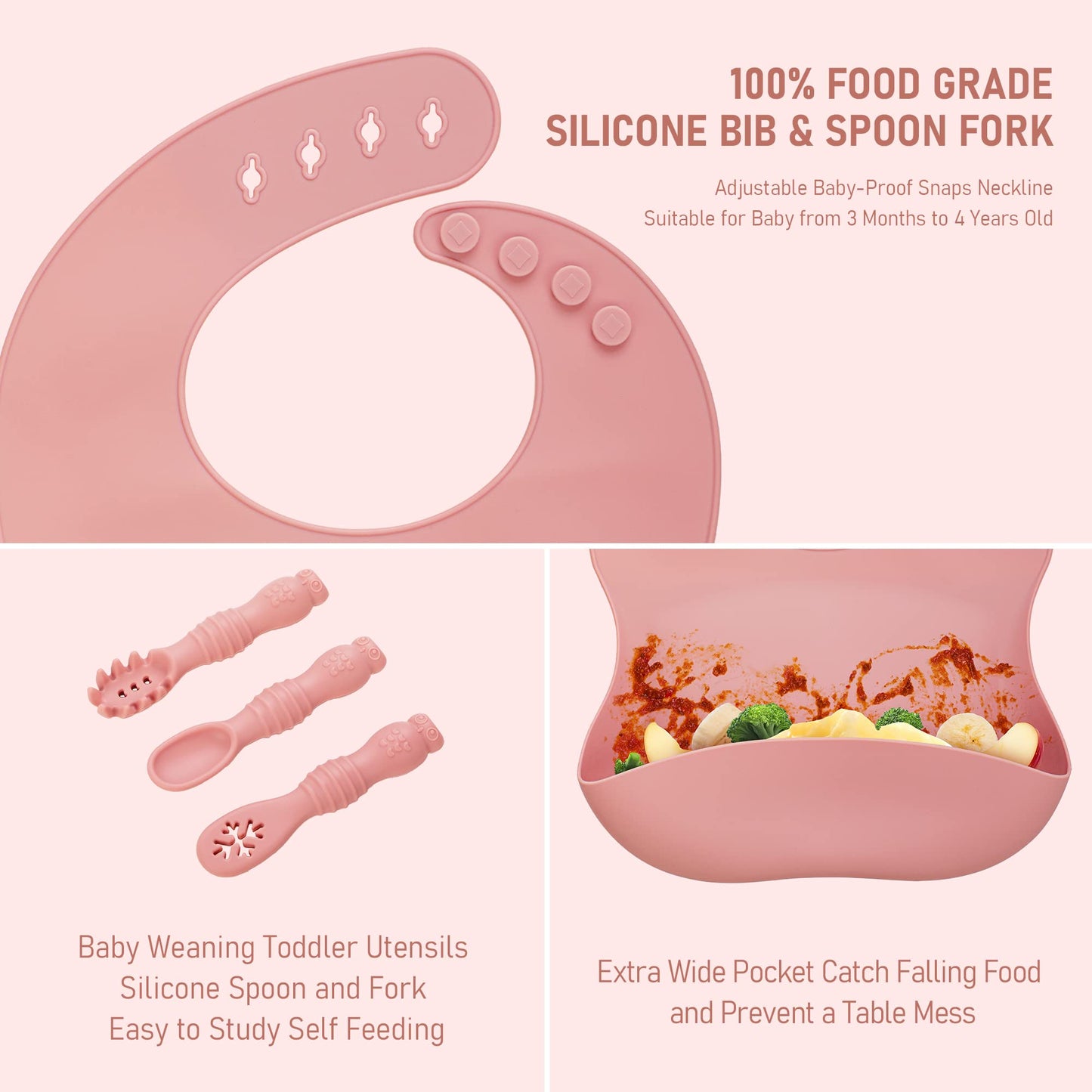 Bnditeu Baby Weaning Set - Silicone Toddler Feeding Set (10 Pcs) with Adjustable Bib, Suction Bowl, Plate, Fork, Spoon, Water & Snack Cup Kit - Baby Led Weaning Kit