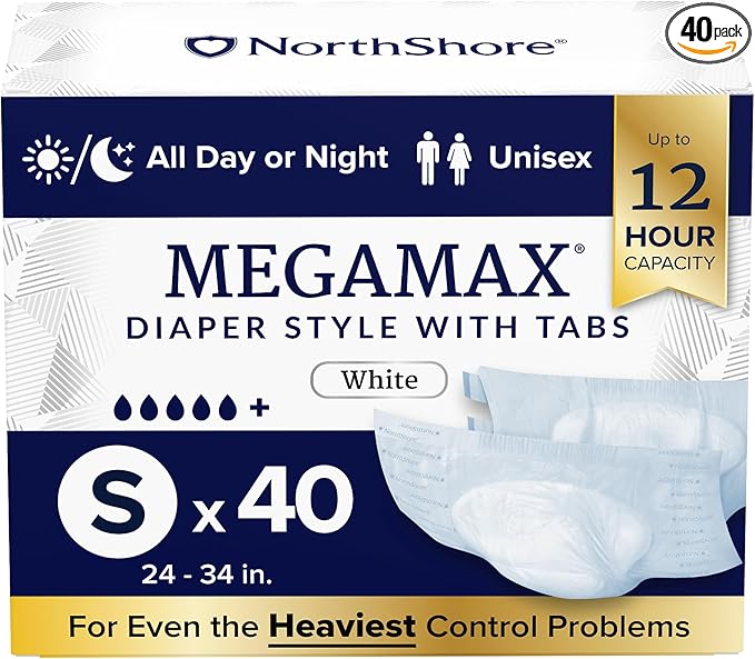 NorthShore MegaMax Adult Overnight Diapers, 12-Hour Tab-Style, Small, 40 Count Case, White, 24-34 inches, Unisex Incontinence Underwear
