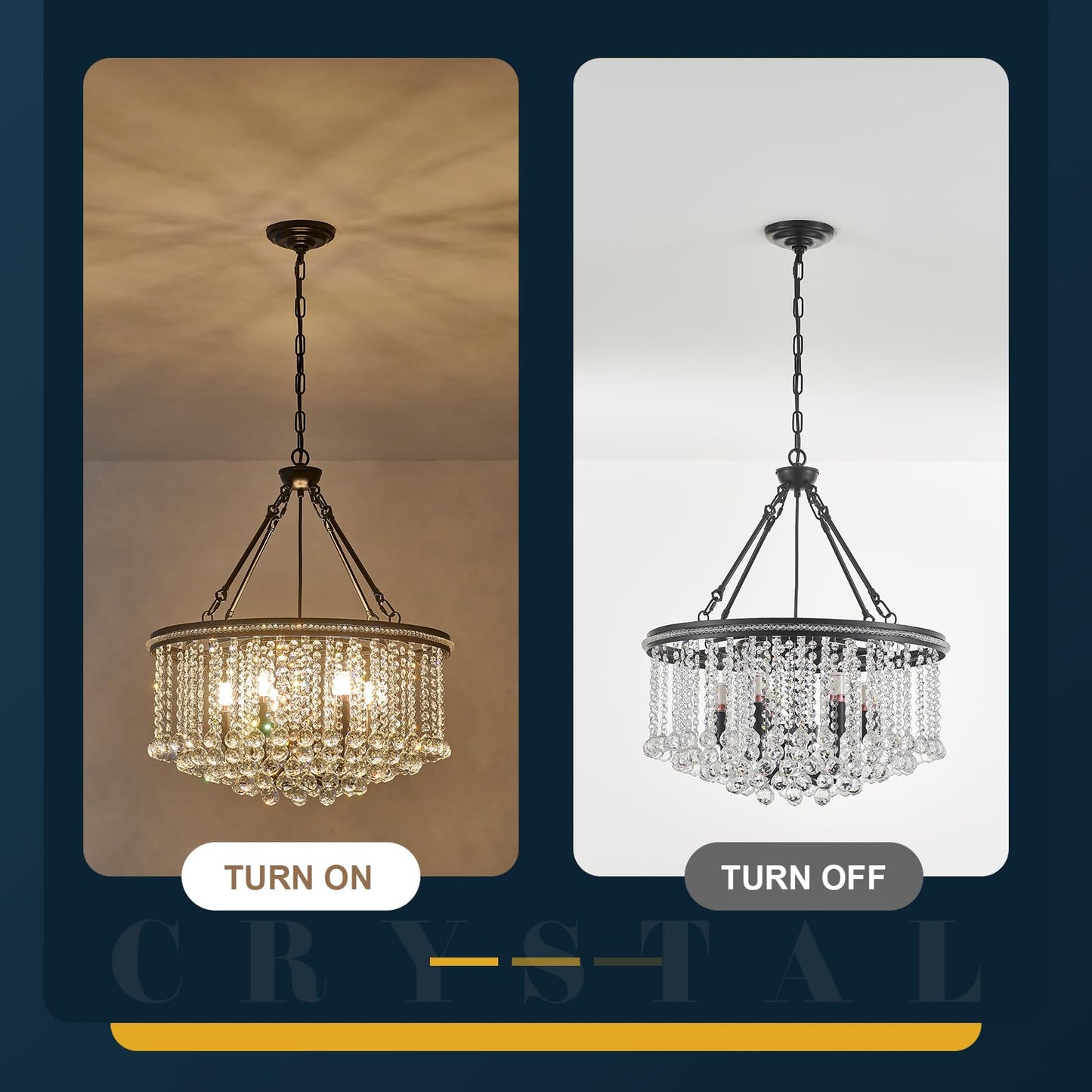 6-Light Black Crystal Chandelier Modern 21.6 Contemporary Round Pendant Chandeliers Crystal Ball stylish Ceiling Hanging Lighting For Living Dining Room Kitchen Island Bedroom Entryway Foyer