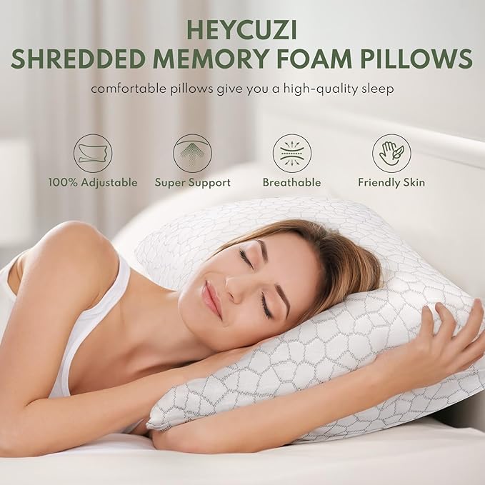 Cooling Shredded Memory Foam Pillow for Sleeping - King Size 2 Pack, Adjustable Bed Pillows Set of 2 for Side, Back, and Stomach Sleepers, Washable Breathable Cold Cover - CertiPUR-US