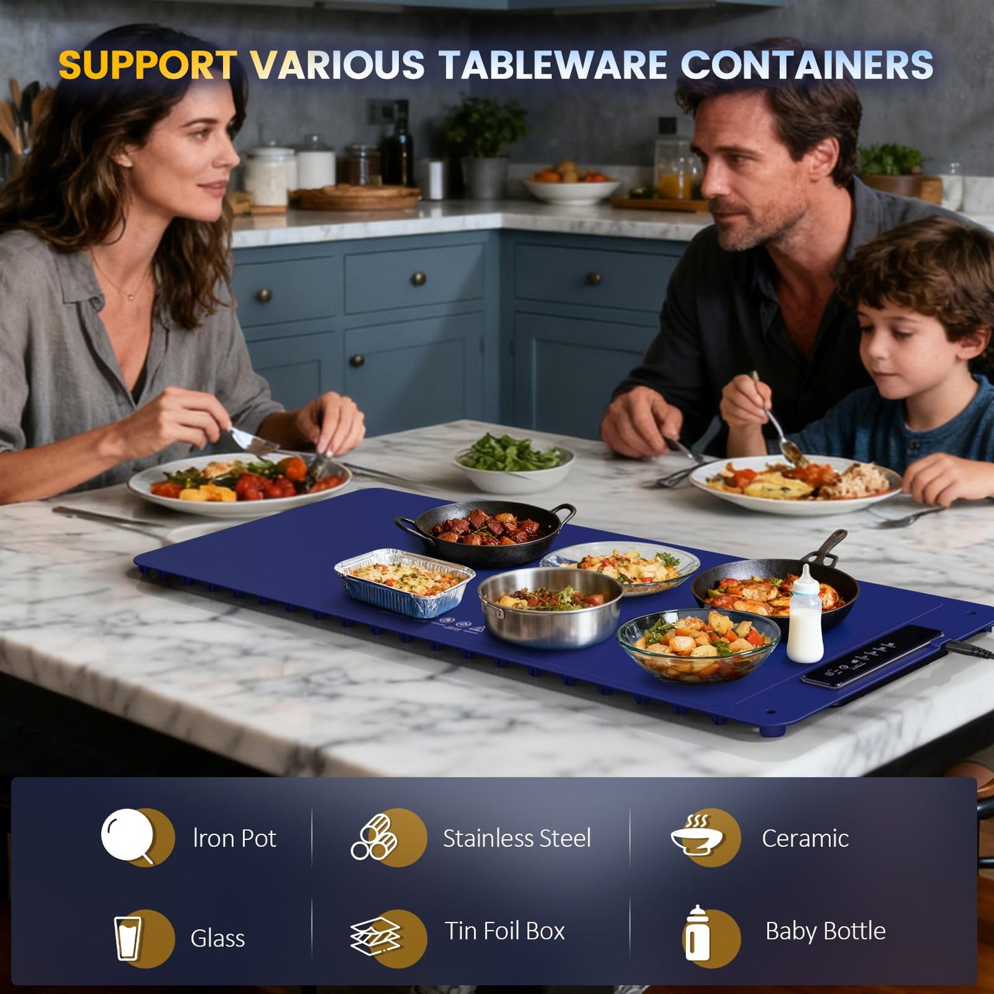 Kourice Extra Large Warming Mat for Food, 36"x15.75" Food Warmer Chafing Dishes for Buffet, Food Warming Mat, Food Warmers for Parties Buffet, 4 Level Temp 1/3/5Hour Timer 420W (Blue)