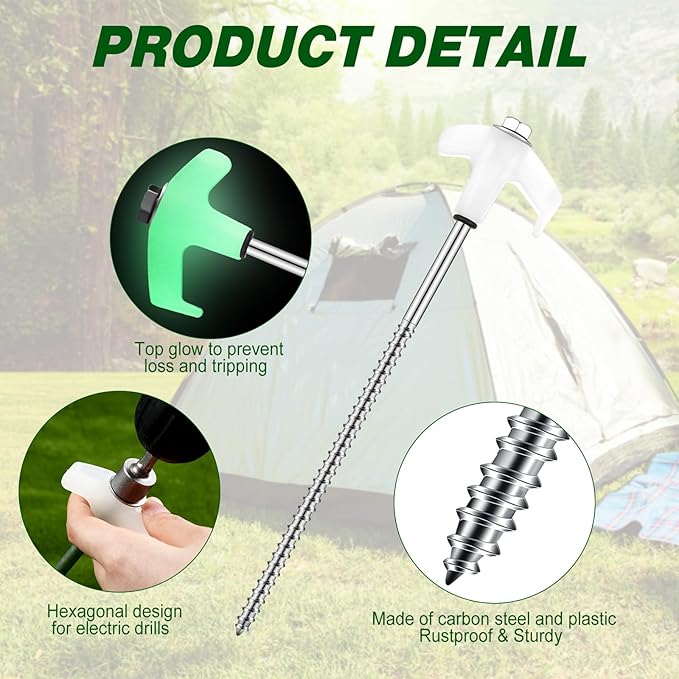 Hicarer 20 Pcs 8'' Screw in Tent Stakes Heavy Duty Ground Anchors Screw in Tent Pegs Ground Stakes Tent Spikes Metal Tent Spikes with Hex Head Driver for Camping Garden Canopies (Luminous White)