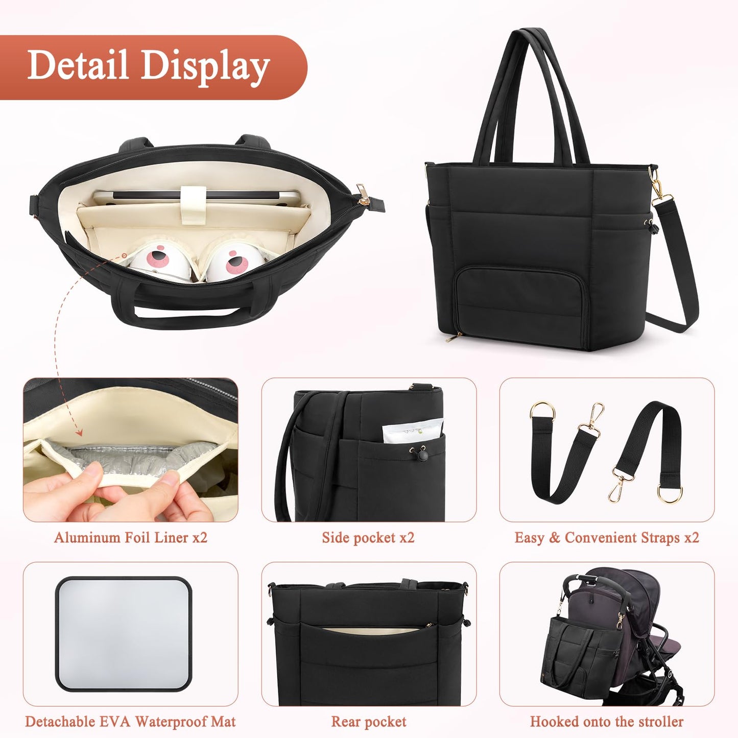 Wearable Breast Pump Bag for Working Mom, Breastmilk Cooler Tote Bag with Insulated Compartment, Breast Pump Bag with Ice Pack & 16‘’ Laptop Sleeve, Baby Bottle Cooler bag for Nursing, Work, Travel
