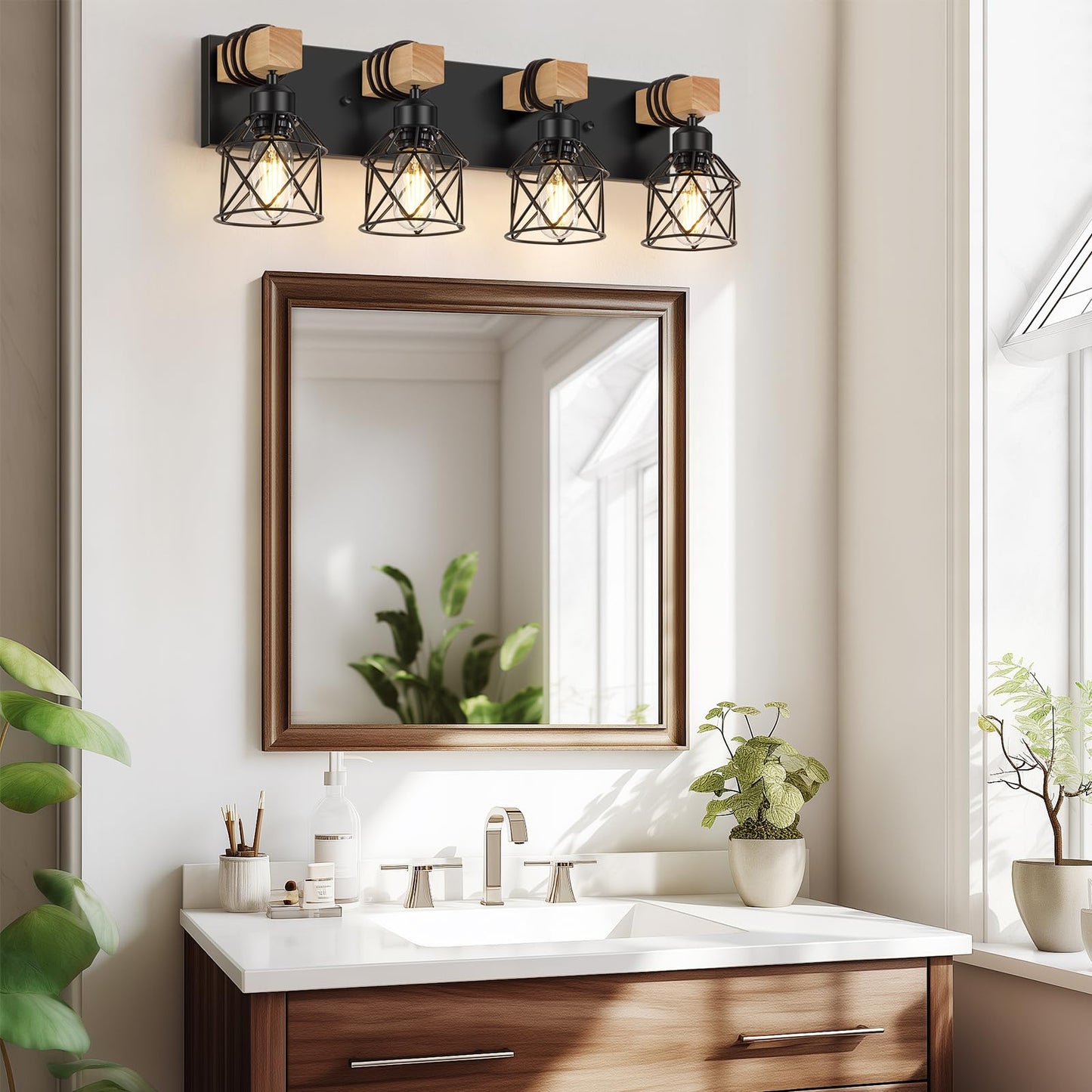 Fadimikoo 4-Light Rustic Wood Bathroom Vanity Light, Black Metal Cage Sconces, Model Fbd-07, Ideal For Hallway & Bedroom