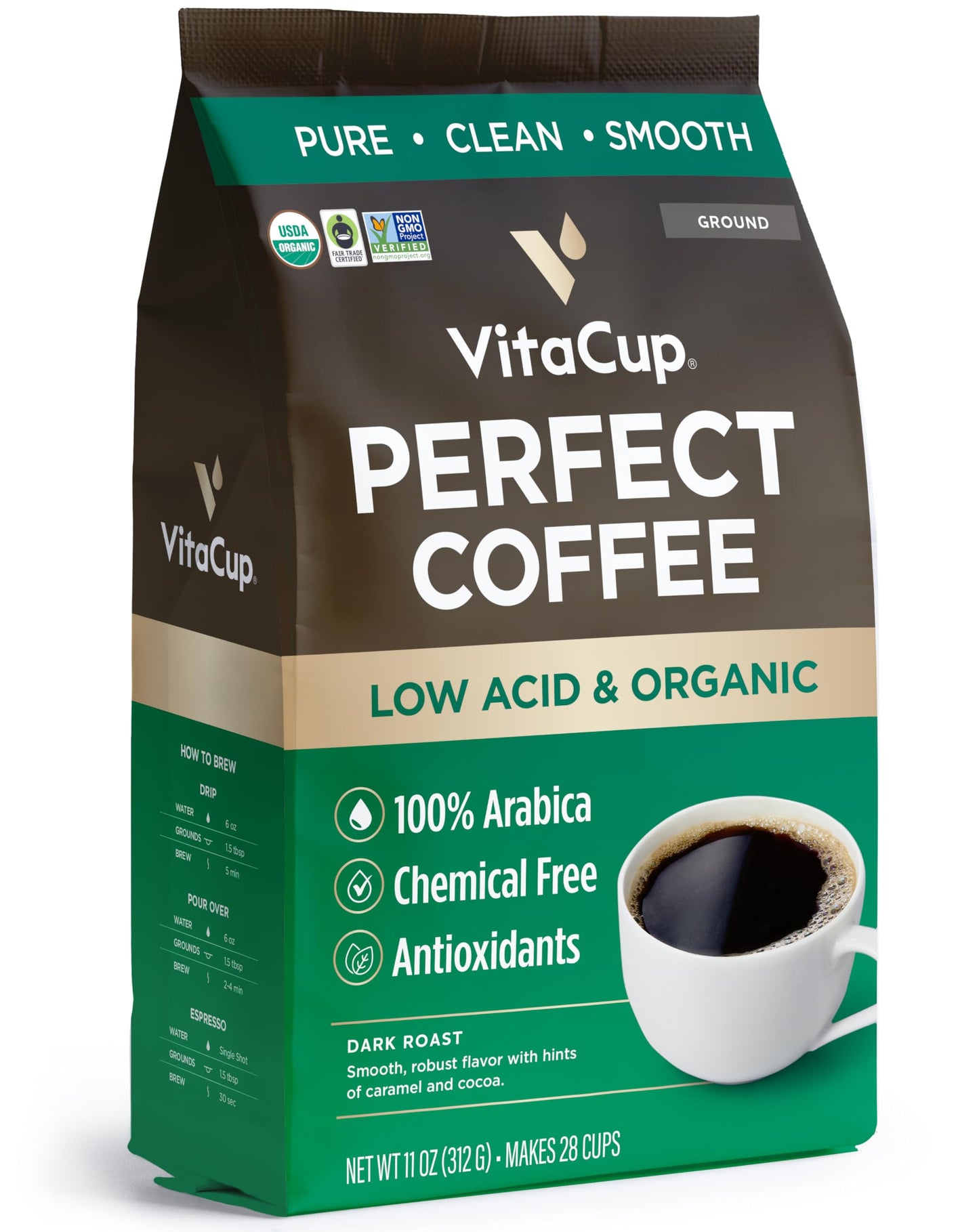 VitaCup Perfect Low Acid Coffee Ground  USDA Organic & Fair Trade  Mycotoxin Free  Dark Roast Guatemala Single Origin  Clean & Pure for Drip Coffee malt-inspired and French Press  11 ounces
