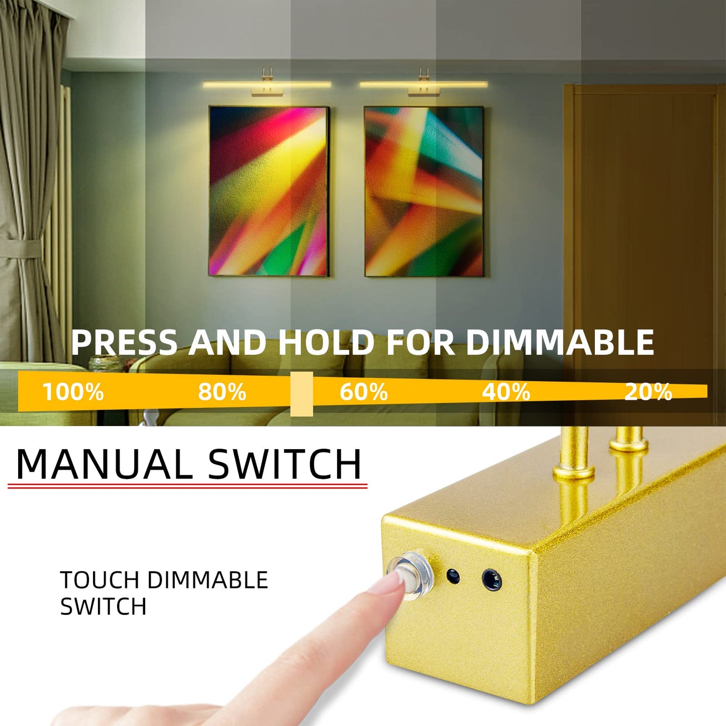 RAIFOOLLY Picture Light, 20in Battery Operated Art Light, Remote Control, Dimmable, Metal, Gold, Model RF00181