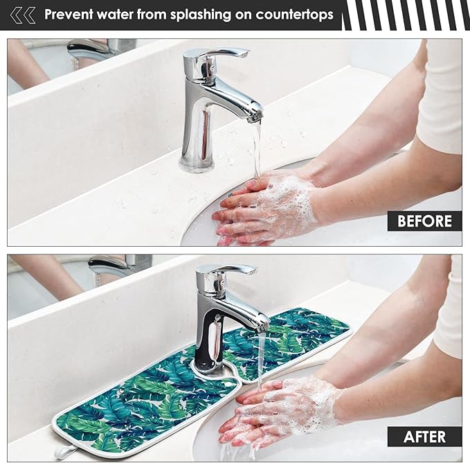 Kitchen Faucet Absorbent Mat,Turquoise Green Palm Leaves Water Splash Guard for Sink, Faucet Drip Catcher Thicken Sponge Microfiber Faucet Water Catcher Mat Sink Absorbent Mat for Kitchen 23x5in 2Pack