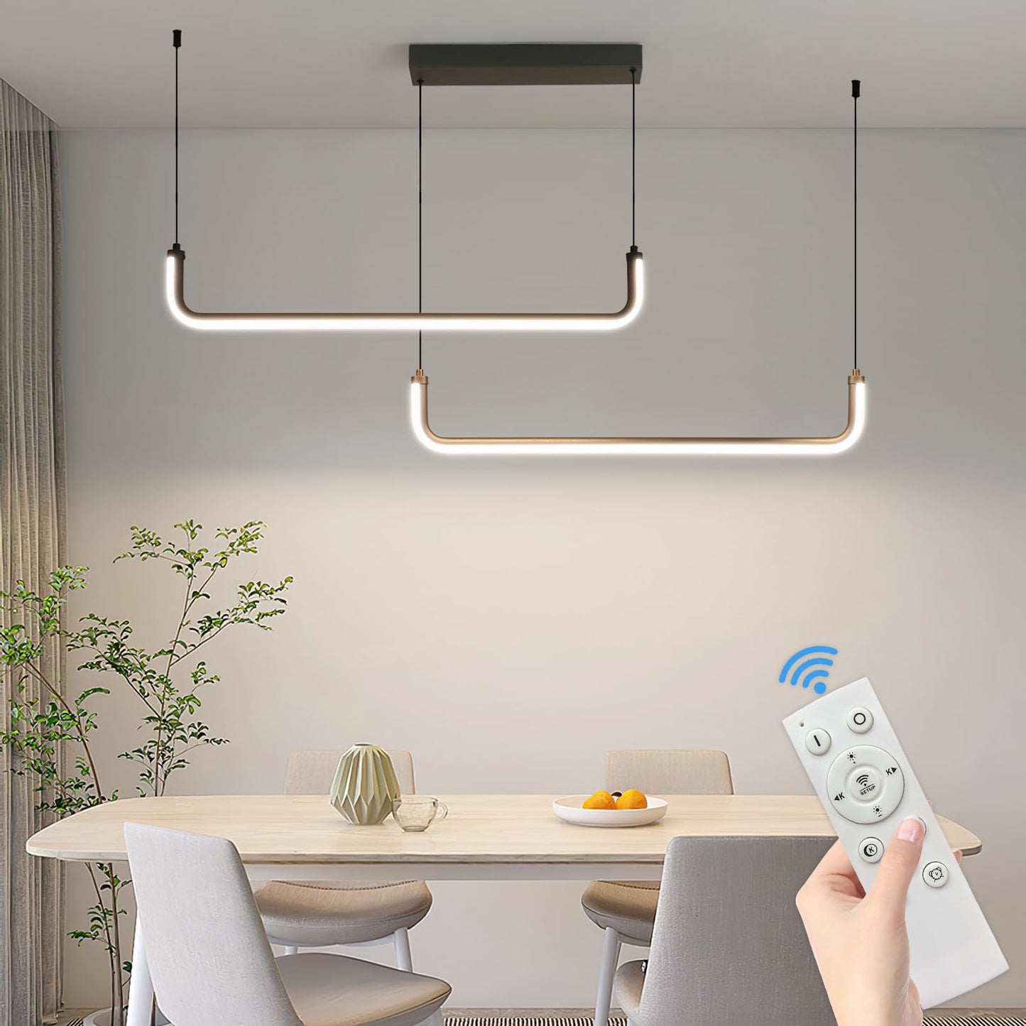 Mikeru 2-Light LED Chandelier Light, 47in Aluminum Pendant, Remote Control, 3000K-6500K Adjustable Color, H-Black, Model TC-MX36