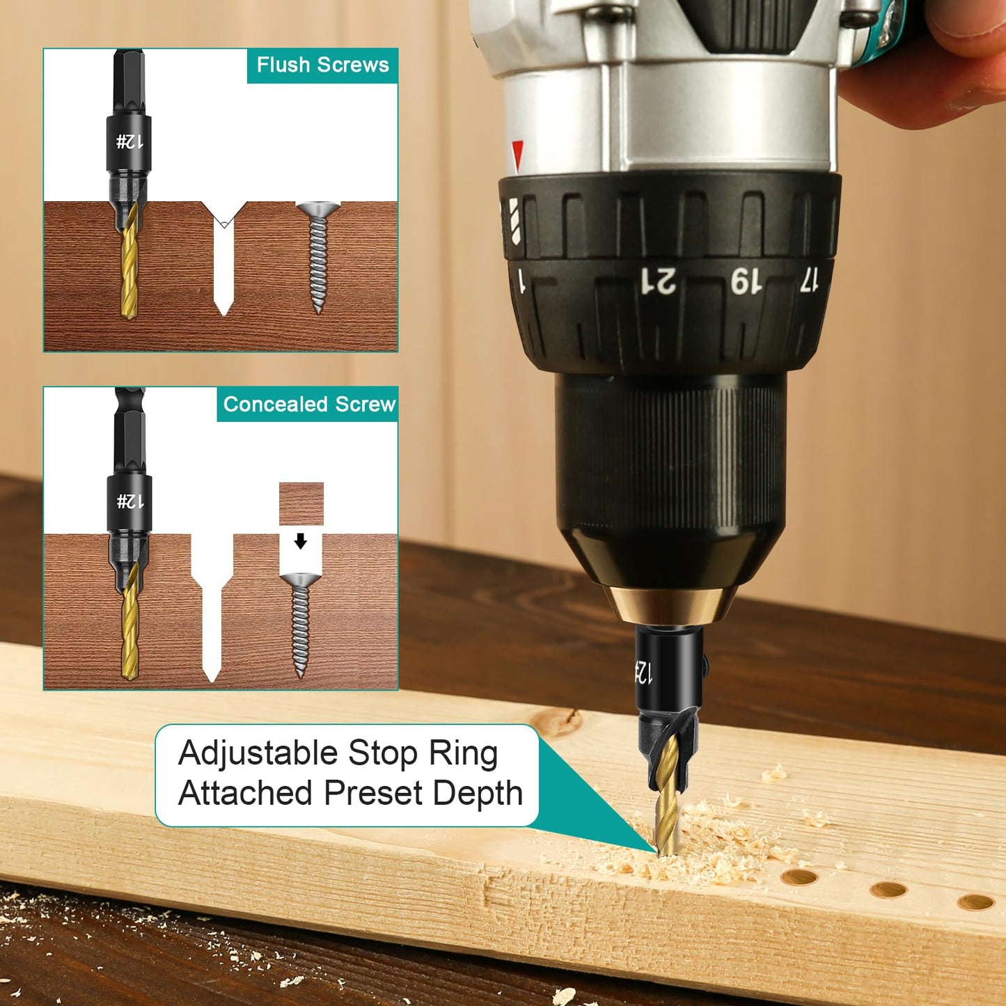 OAOJUBR 5PCS Countersink Drill Bit Set, Professional Brocas para Madera - Adjustable Wooden Drill Bit Set, Used for Wood Countersink Drill Bit with Depth Stop