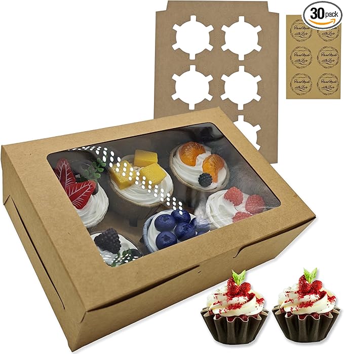 Cupcake Boxes 6 Count, Disposable Cupcake Containers, Food Grade Carrier with Window and Inserts for Cupcakes Muffins Cookies Pastries Donuts (Kraft Brown, 30 Pack)