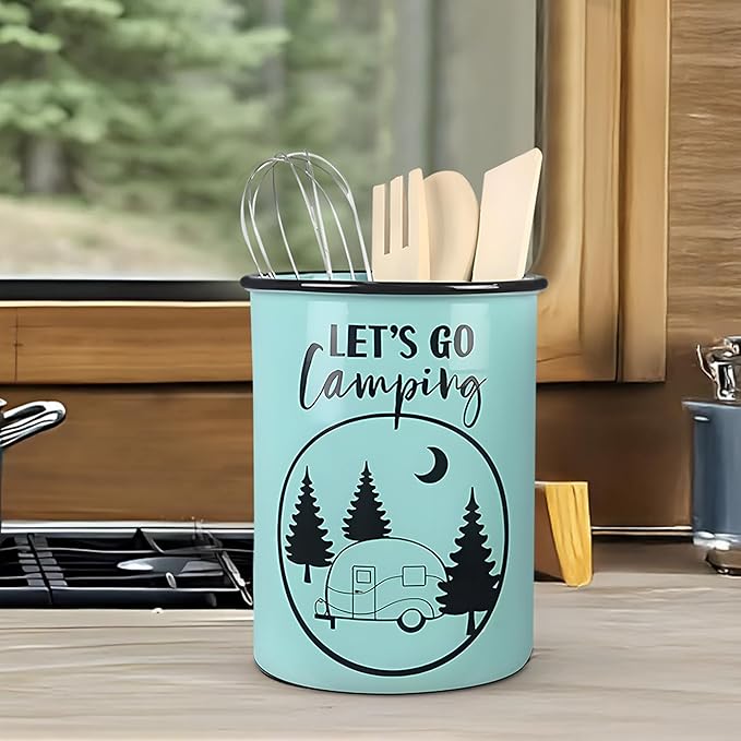 Young's Inc Ceramic Farmhouse Utensil Holder for Kitchen Counter, Black and White Farmhouse Décor Utensil Crock, 4” Diameter Kitchen Utensil Holder 20142