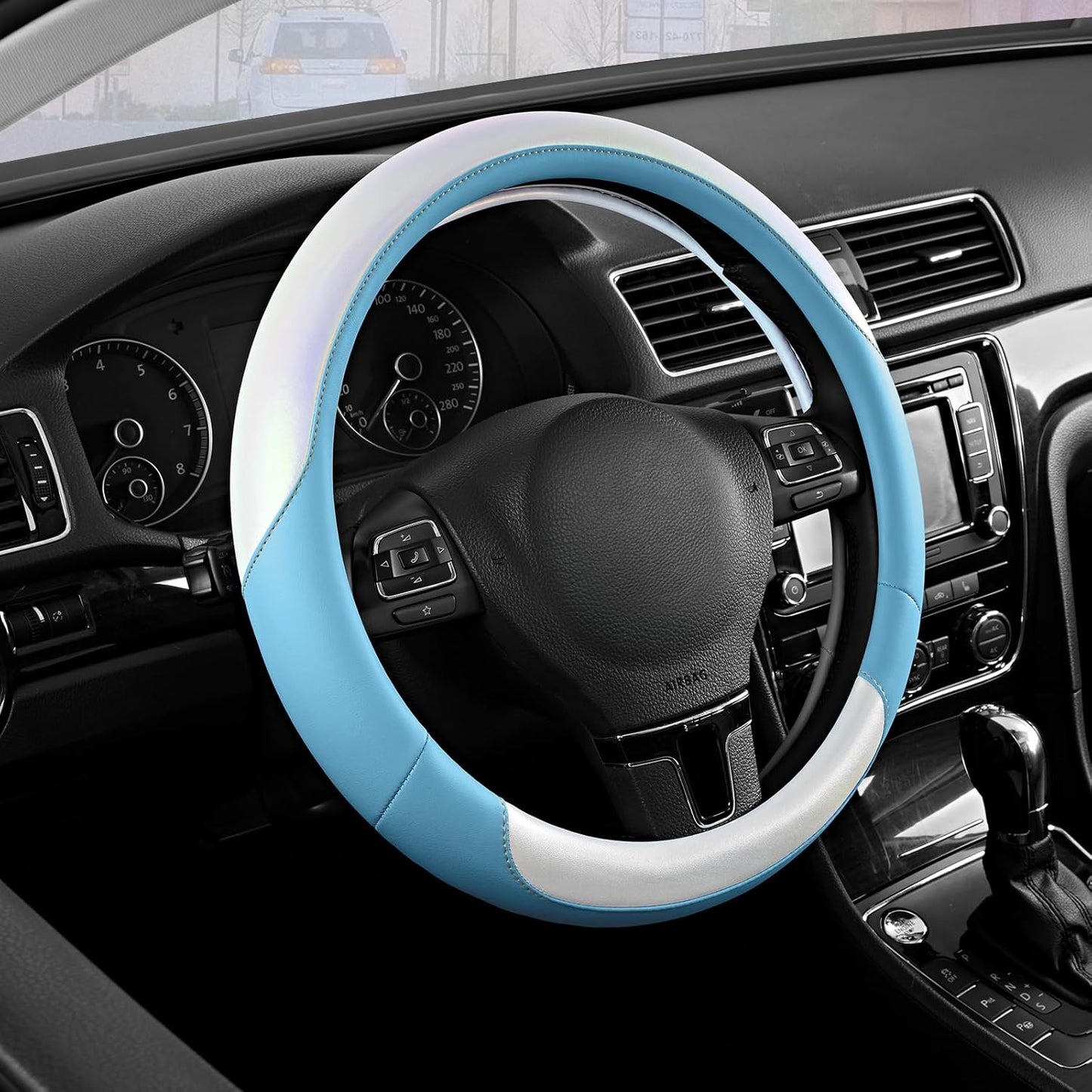 Road Comforts Steering Wheel Cover – Breathable Leather Steering Wheel Cover, Anti-Slip Grip, Universal Fit 14.5” to 15”, Heat & Cold Resistant for Cars, SUVs, and Trucks – Shining White & Blue