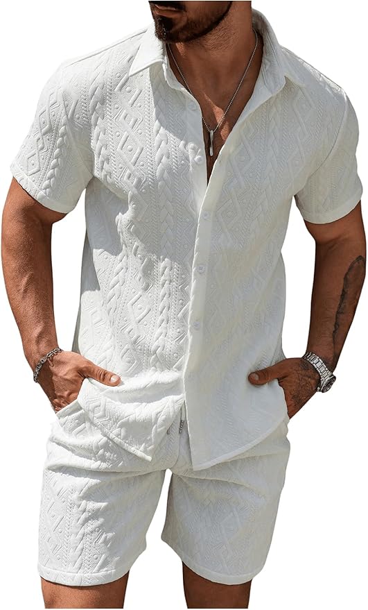 RoseSeek Men's 2 Piece Beach Vacation Outfits Short Sleeve Button Down Shirt and Shorts Clothing Set