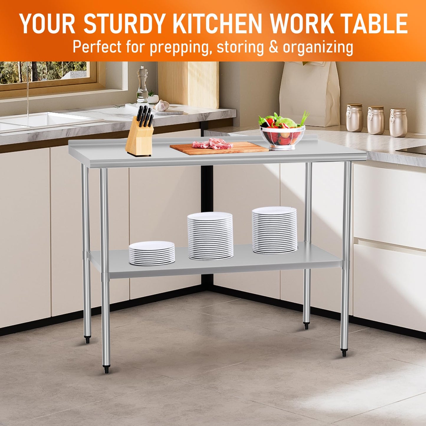 HOCCOT Stainless Steel Work Table 24" x 48" with Adjustable Undershelf and Backsplash, Commercial Workstations for Kitchen, Garage, Outdoor BBQ