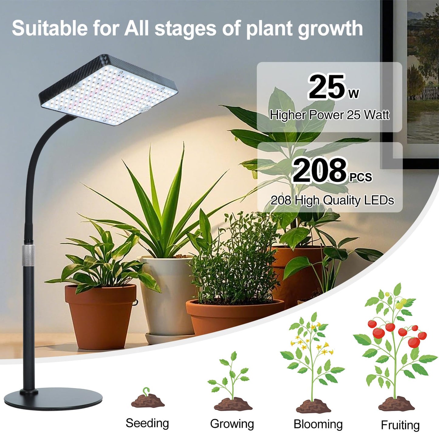 Orchbloom Tabletop Grow Light 25W Full Spectrum with Timer 1Head Black Zinqolay