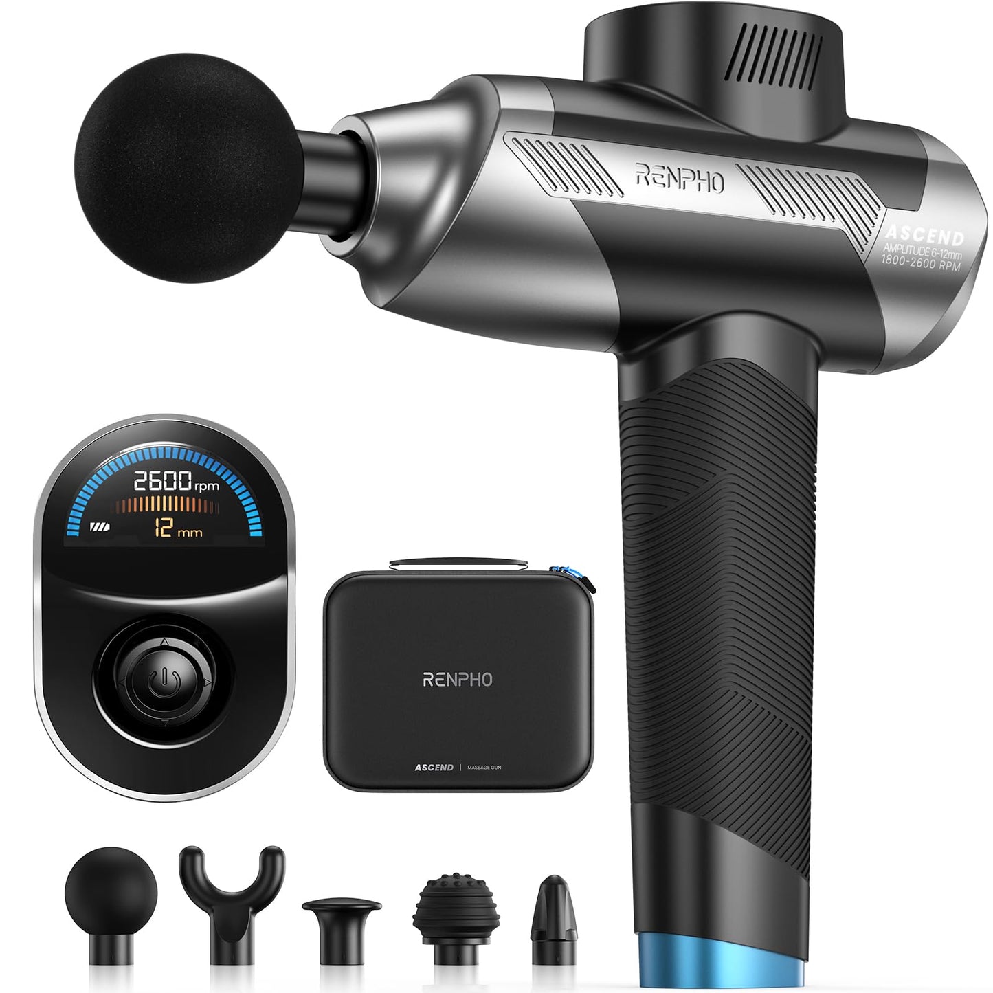 RENPHO Ascend Massage Gun Deep Tissue with 6-12mm Adjustable Amplitude, Percussion Professional Muscle Massage, Handheld Massager with Portable Carry Case for Athletes & Home Use, Color Display