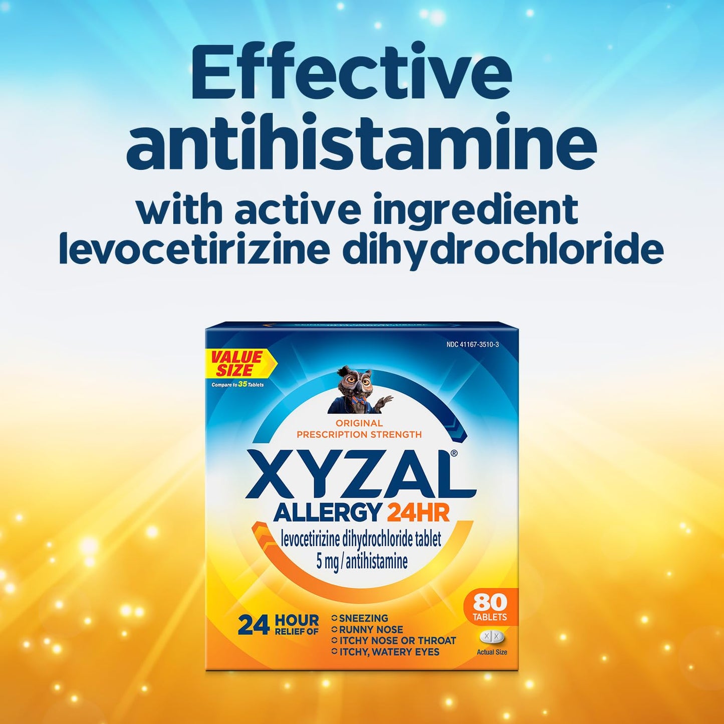 Xyzal 24 Hour Allergy Relief Medicine, Original Prescription Strength Antihistamine, Levocetirizine Dihydrochloride Tablets, 5 mg, 80 Count