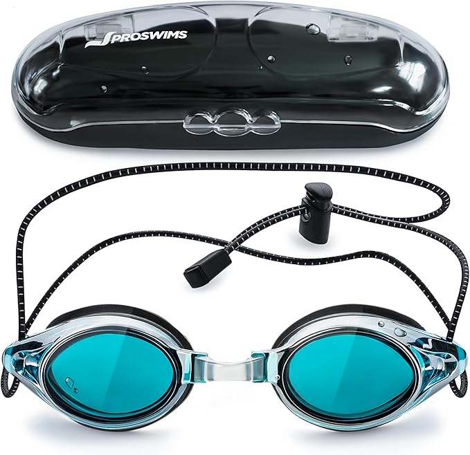 Proswims Anti-Fog Racing Swimming Goggles with Bungee Strap, Hard Case and Bonus Swim Goggles Microfiber Cleaning Cloth