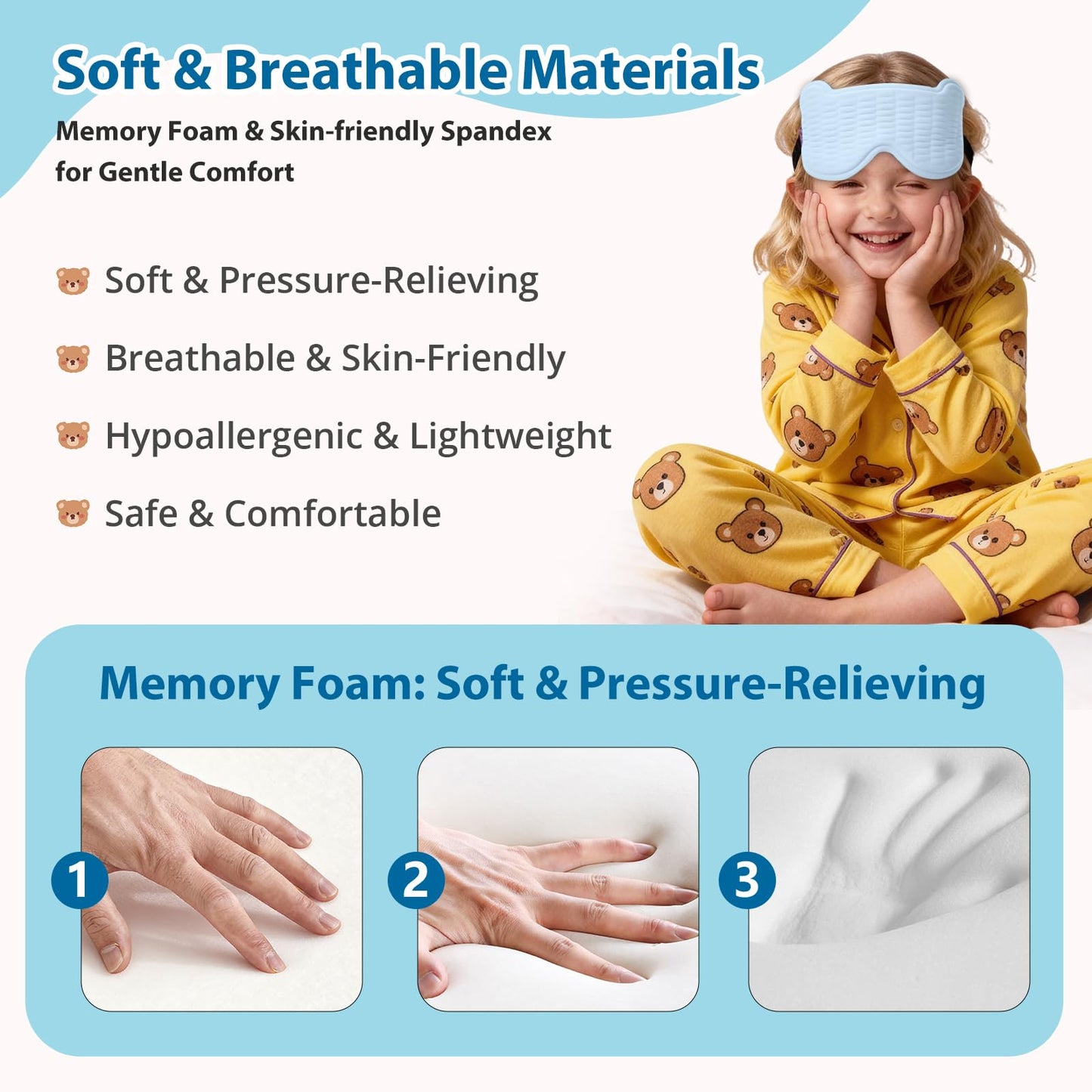 Kids Sleep Mask, 3D Sleeping Eye Mask for Kids with Adjustable Elastic Strap, Bear Shape Eye Cover with Memory Foam, Soft & Light-Blocking, Gift for Boys Girls Teens Age 5–15 (Blue)