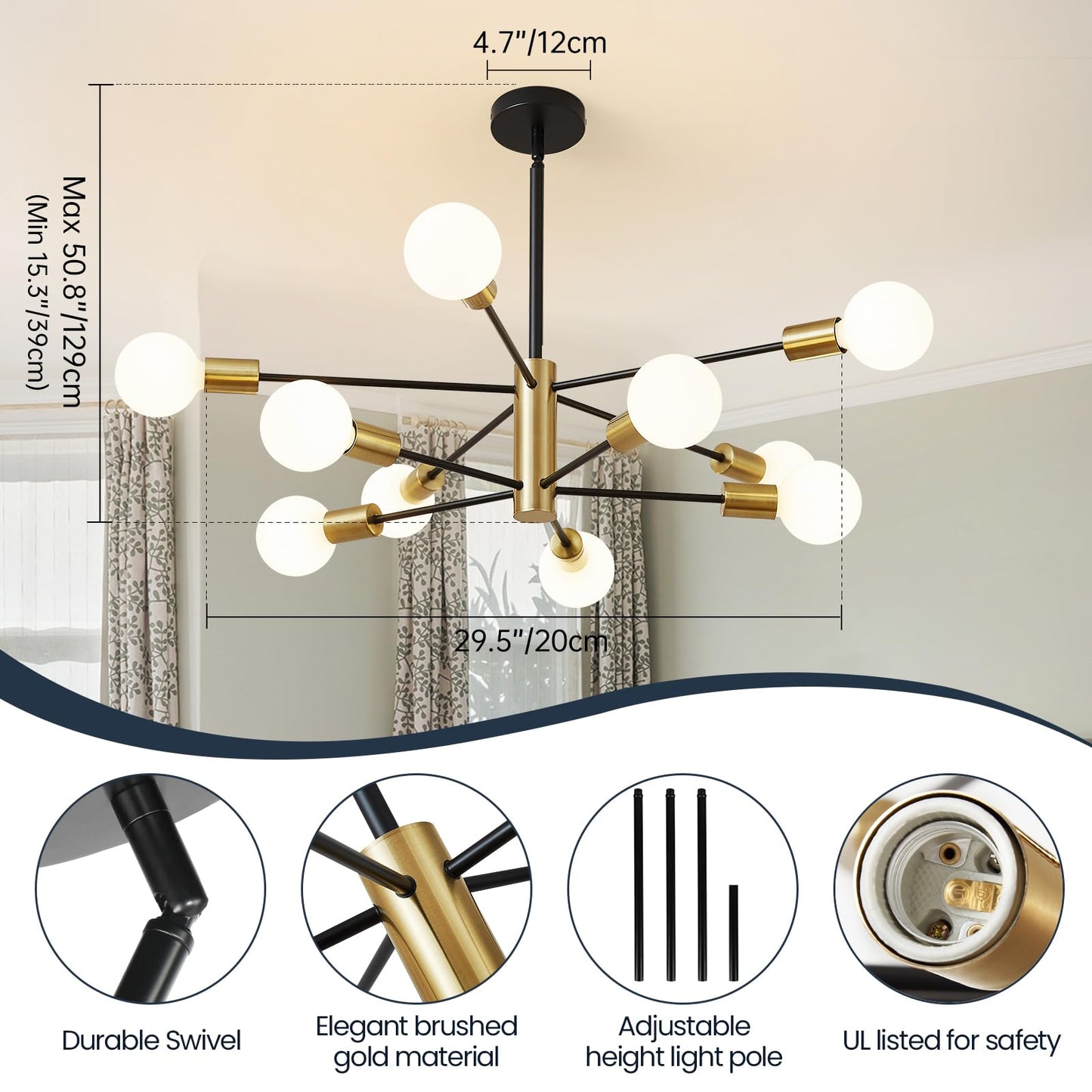 Ruiyey 10-Light Sputnik Chandelier, Modern Black And Gold Metal Ceiling Light Fixture For Kitchen Island, Living Room, Dining Room