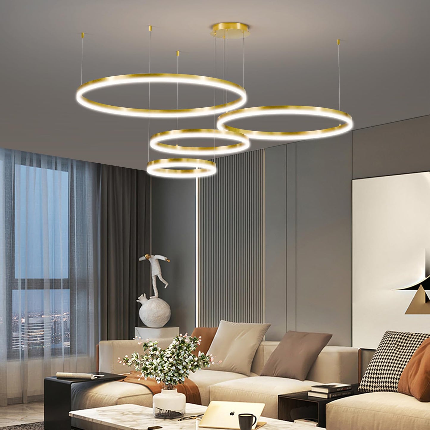 Matven Modern Dimmable Chandelier Light, Remote Control, 3 Color Modes, 39.3in, Gold, Acrylic, Model KD-YX