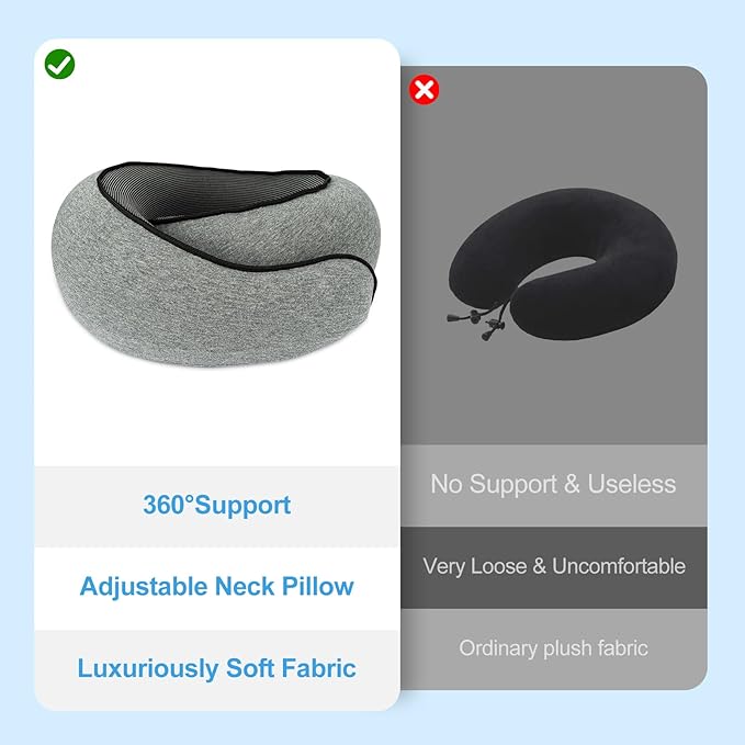 WVR Travel Pillows for Airplanes, 360° Neck Pillow for Long Travel, 100% Pure Memory Foam Flight Pillow, Sleeping Pillow with Comfortable Breathable Cover for Car, Airport Travel Essentials, Grey