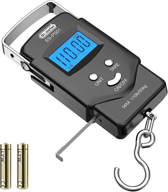 Dr.meter Fish Scale Luggage Scale Fishing Gear - 110lb Backlit LCD Display Digital Scale with Built-in Measuring Tape - Fi...