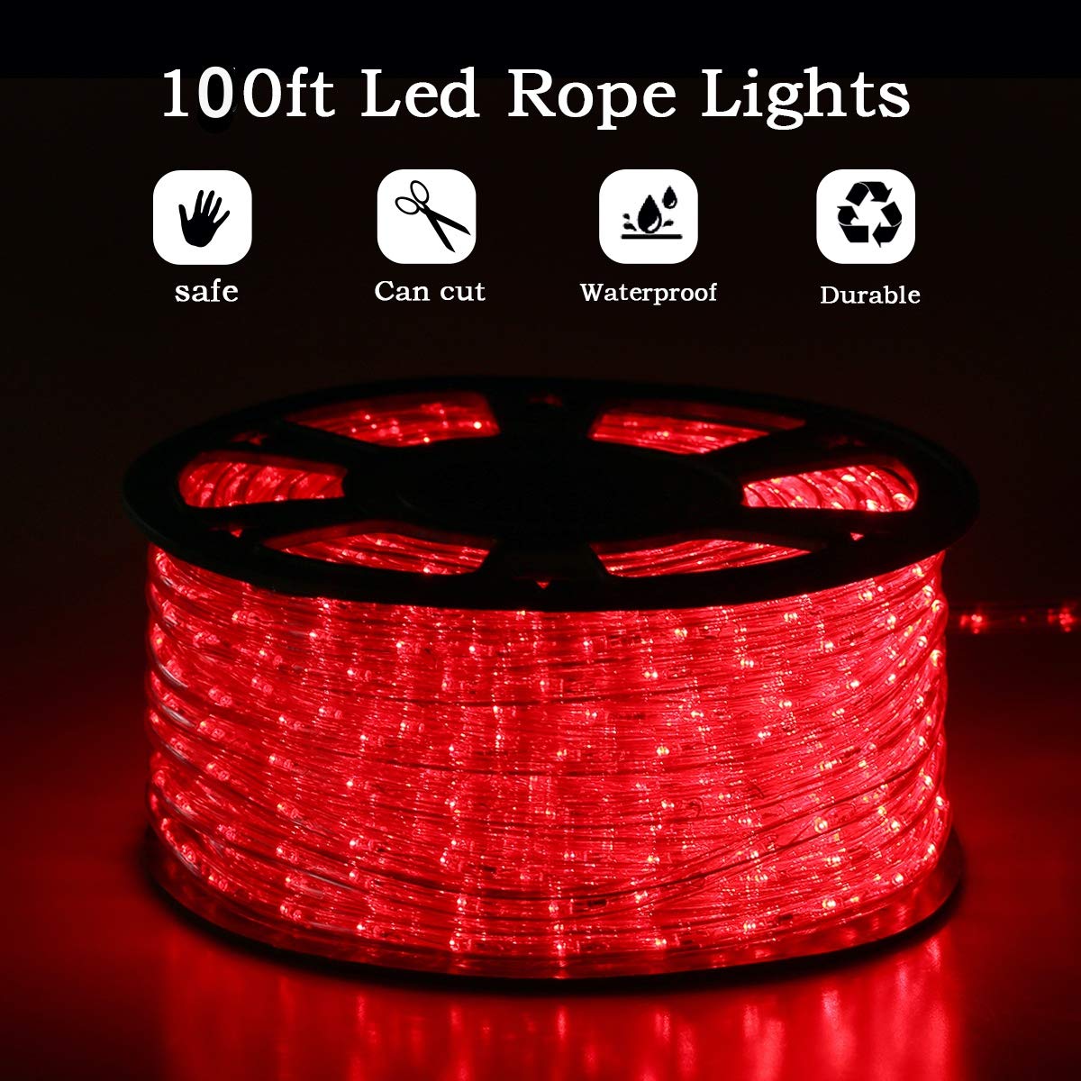 Buyagn LED Rope Lights 100Ft Waterproof Outdoor Decorative Lighting Red, Model DH111701