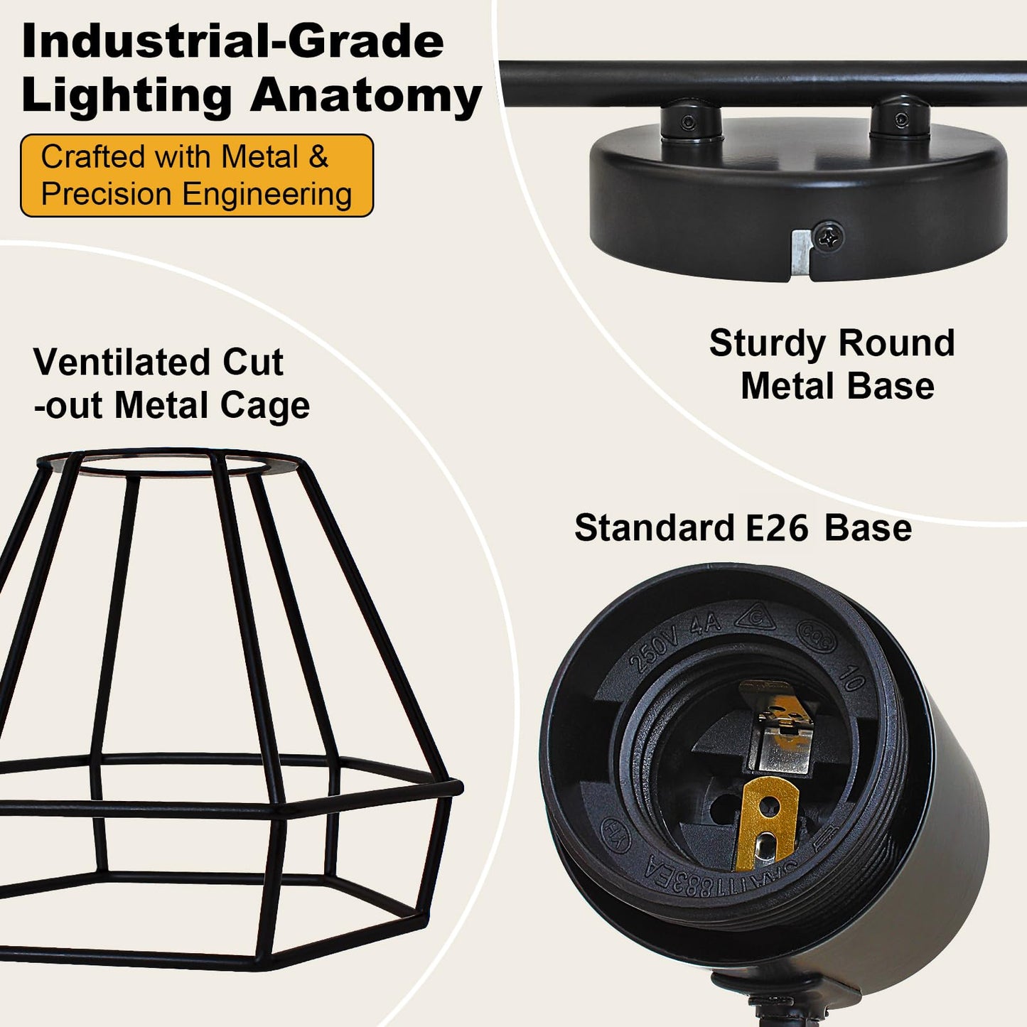 Hibay 4-Light Track Lighting Farmhouse  Industrial Directional Ceiling Track Light Fixtures  Black Geometric Cage Spotlight Indoor For Kitchen  Bedroom  Hallway  E26 Base (Bulbs Not Included)