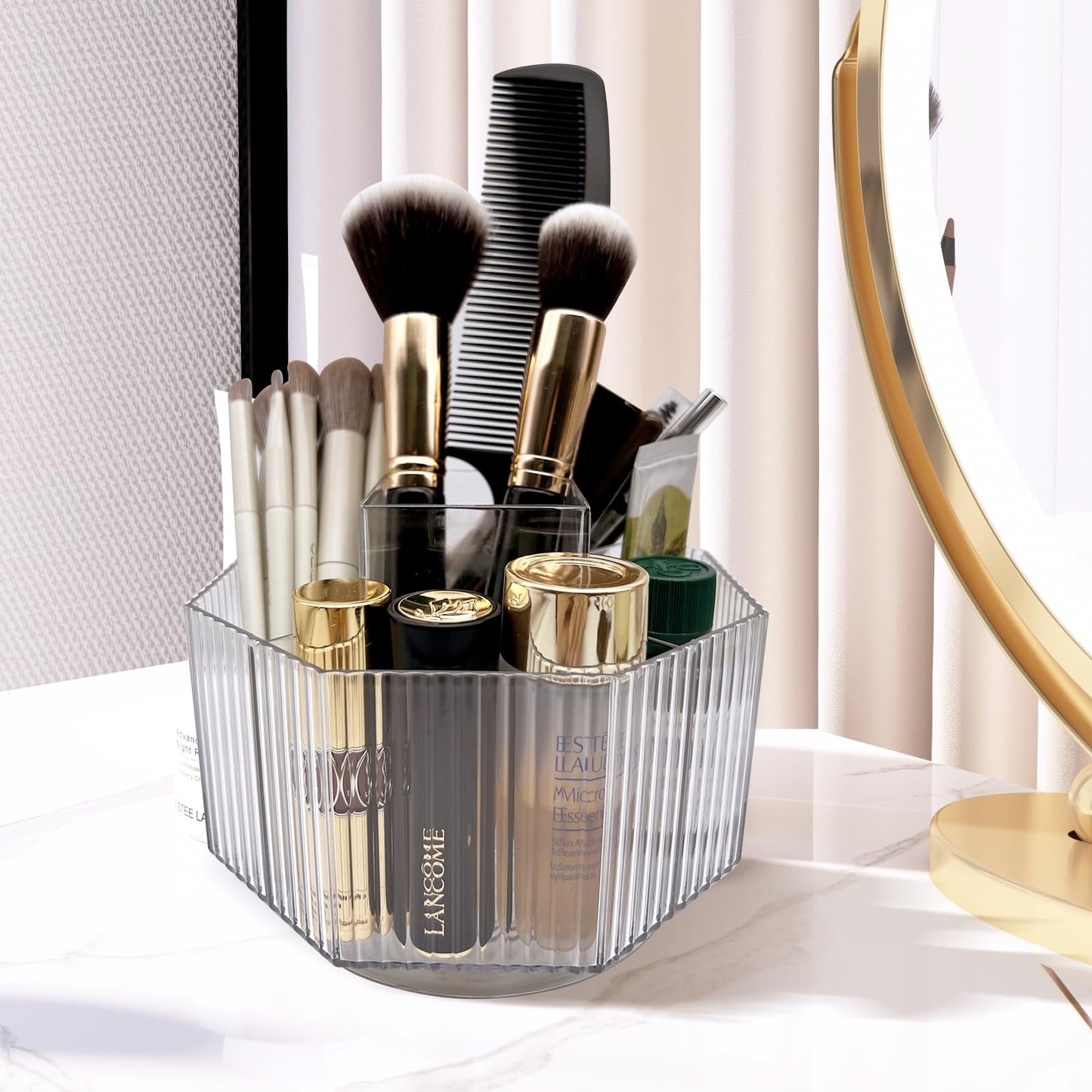 LiteTour 360 Rotating Makeup Organizer, Multi-Compartment Desk Storage for Makeup Brushes, Skincare, Vanity, Pens, Stationery, O