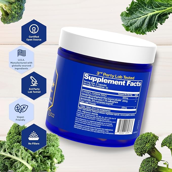 NATURAL STACKS N-Acetyl-L-Cysteine 600mg NAC Supplement - Sulforaphane Supplement 25mg - Superfood Kale Leaf Powder with Organic Broccoli Sprout - Brain Health Antioxidants - 60 NAC Capsules