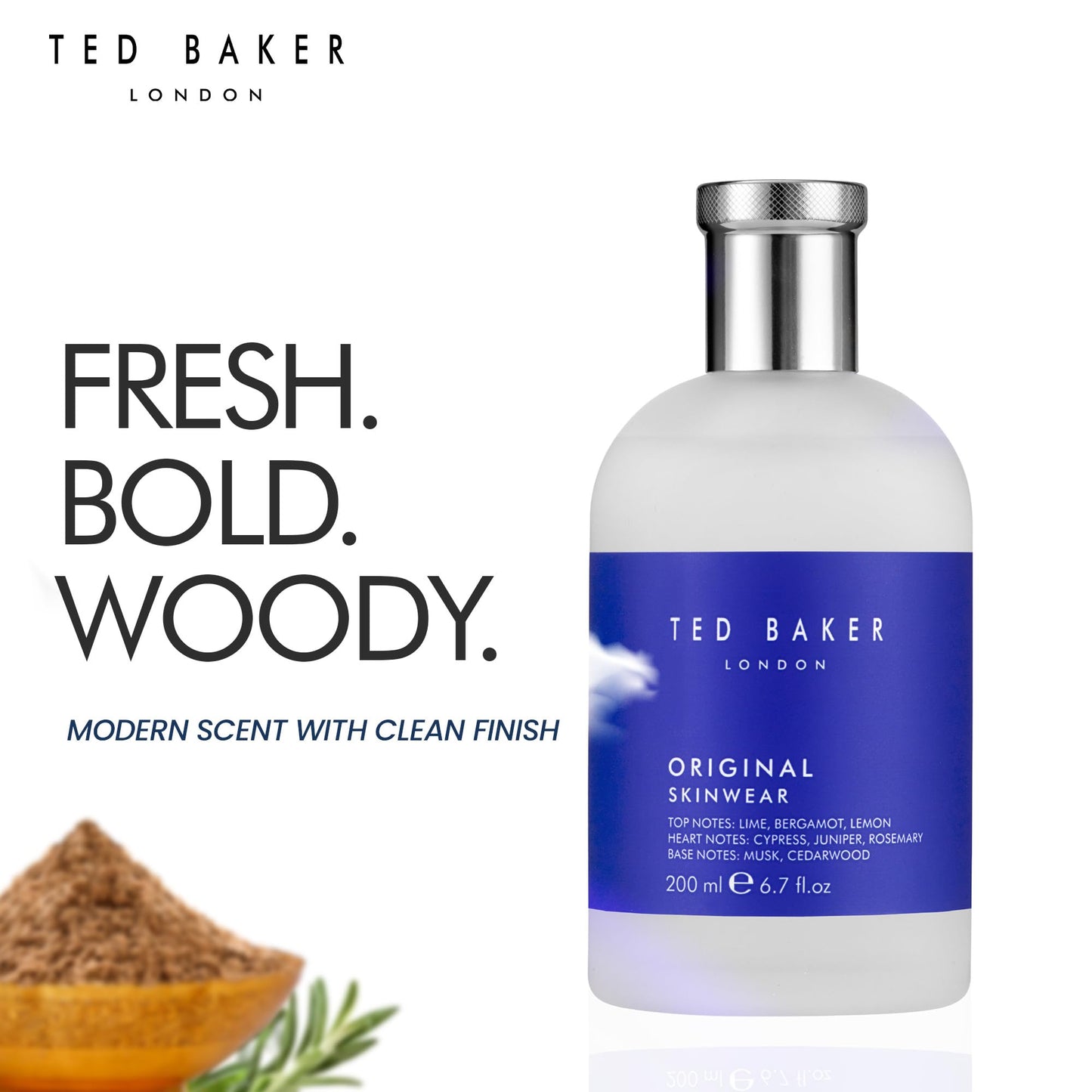 Ted Baker Skinwear EDT, woody masculine fragrance, zesty lime, bergamont and lemon top notes with sandalwood, amber and cedar ba