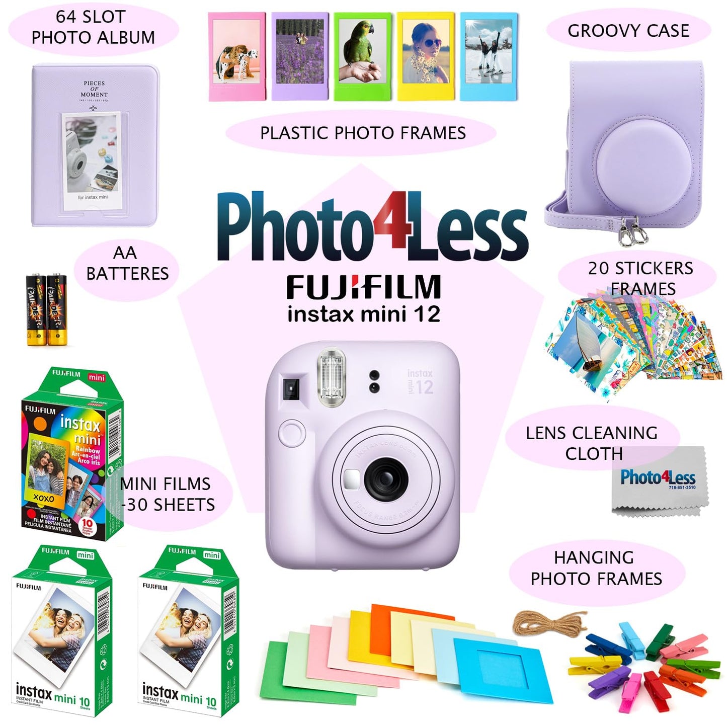 Fujifilm Instax Mini 12 Instant Film Camera, Fuji Instax Mini Film (20 Sheets), Fuji Rainbow Instant Film (10 Sheets), Protectiv