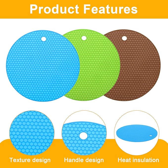 uxcell 3pcs Silicone Jar Opener Pads, 17.5cm/7" Texture Can Opener Multipurpose Round Bottle Lid Opener Non-Slip Coasters for Weak Hands Seniors Children, Green, Blue, Brown