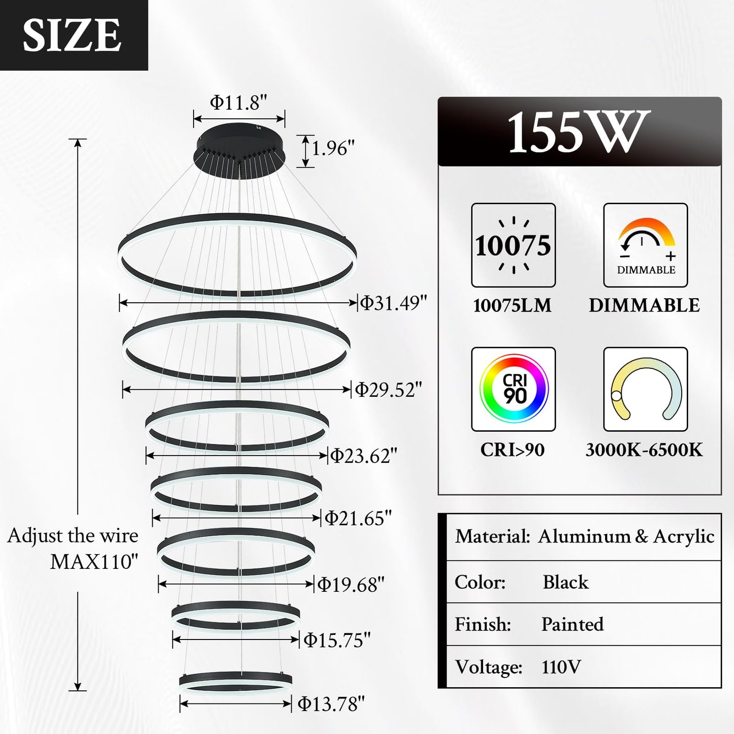 Sparklelf Modern LED Chandelier, 7 Rings 31.5in, Black, Dimmable, Remote Control, Acrylic, Model: Sparklelf_UNIQUE_IDENTIFIER