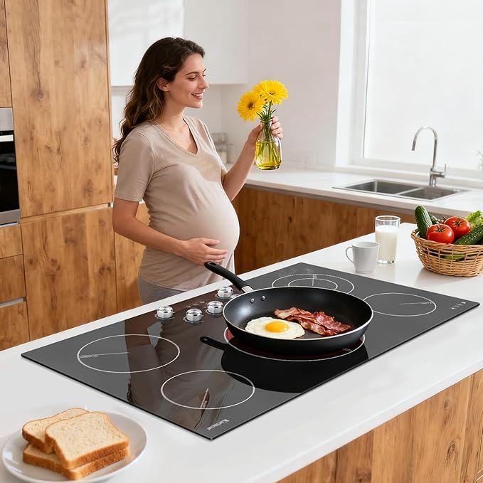 Karinear 36 inch Electric Cooktop, 5 Burner Radiant Cooktop with Knob & Touch Control, 9200W 240V Built-in Stove Top, 9 Power Levels, Timer, Child Lock, Pause, Residual Heat Indicator(Sliver Knob)